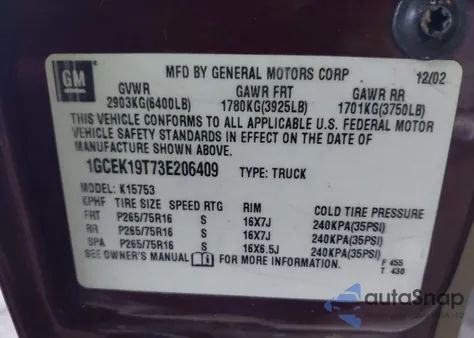 2003 Chevrolet Silverado 1500 Ls from USA, damaged, VIN 1GCEK19T73E206409